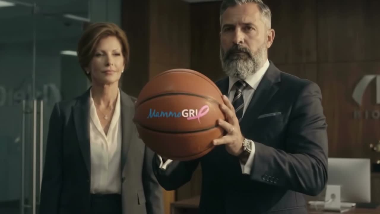 André holds a MammoGRIP® basketball with Nancy in the background, illustrating the importance of grip.